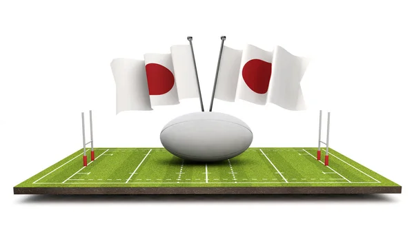 Флаги Японии с мячом для регби и подачей. 3D рендеринг — стоковое фото