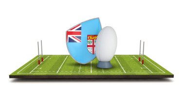 Fiji rugby kalkan bayrak simgesi rugby topu ile. 3D render