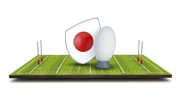 Ikona příznaku Japonsko rugby štítu s rugby míč. 3D vykreslování — Stock fotografie