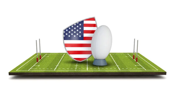 VS rugby vlagpictogram van het schild met rugbybal. 3D render — Stockfoto
