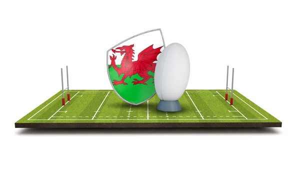 Wales Ragby štít vlaječka s rugby míč. 3D vykreslování — Stock fotografie
