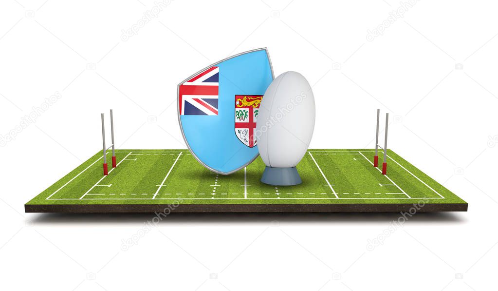 Fiji rugby shield flag icon with rugby ball. 3D Render