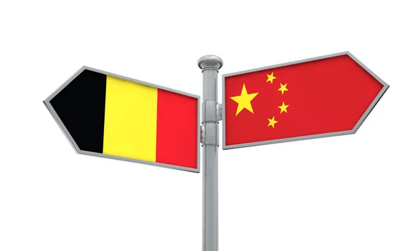 China and Belgium flag sign moving in different direction. 3D Rendering — Stock Photo, Image