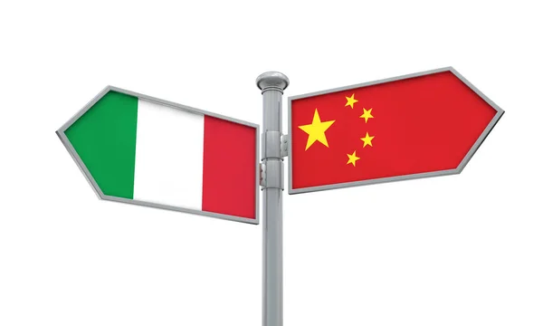 China and Italy flag sign moving in different direction. 3D Rendering — Stock Photo, Image