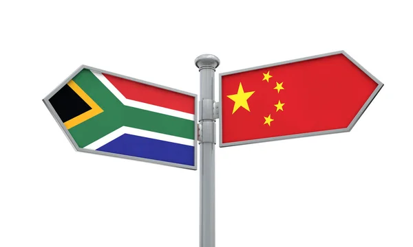 China and South Africa flag sign moving in different direction. 3D Rendering — Stock Photo, Image