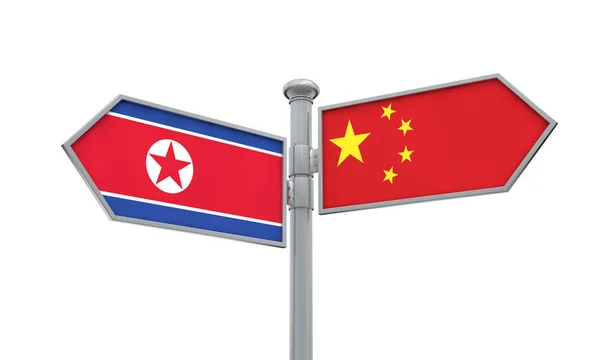 China e Coreia do Norte sinalizam bandeira movendo-se em direção diferente. Renderização 3D — Fotografia de Stock
