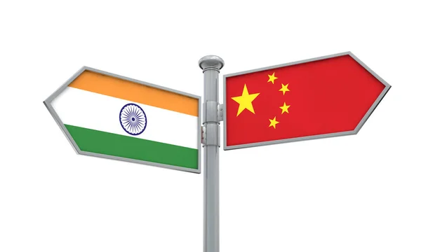 China and India flag sign moving in different direction. 3D Rendering — Stock Photo, Image