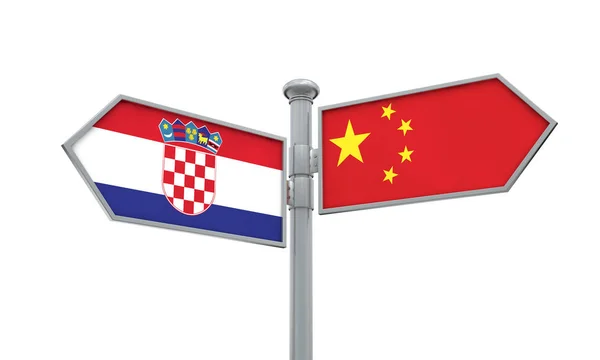 China and Croatia flag sign moving in different direction. 3D Rendering — Stock Photo, Image