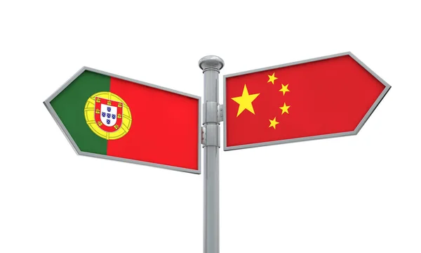 China and Portugal flag sign moving in different direction. 3D Rendering — Stock Photo, Image