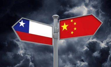 Çin ve Şili bayrağı farklı yönde hareket oturum açın. 3D render