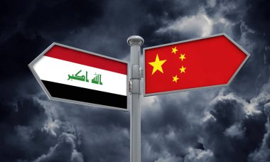 Çin ve Irak bayrağı farklı yönde hareket oturum açın. 3D render