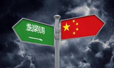 Çin ve Suudi Arabistan bayrağı farklı yönde hareket oturum açın. 3D render
