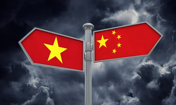 Signo de bandera de China y Vietnam moviéndose en dirección diferente. Renderizado 3D —  Fotos de Stock