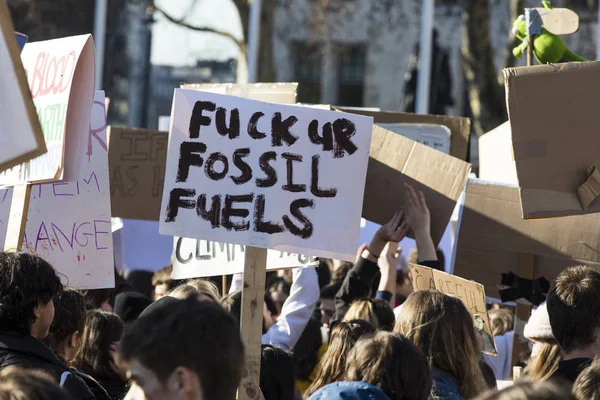 Λονδίνο, Ηνωμένο Βασίλειο - 15 Φεβρουαρίου, 2019: Διαδηλωτές σε μια απεργία νεολαίας για δράση για το κλίμα — Φωτογραφία Αρχείου