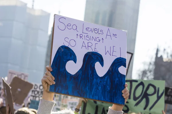 Manifestanti con striscioni sul cambiamento climatico a una protesta — Foto Stock