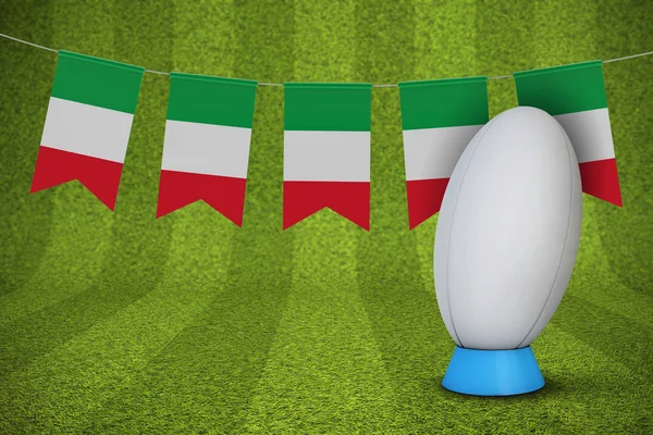 イタリアの国旗は、ラグビー ボールとピッチ旗布します。3 d レンダリング — ストック写真