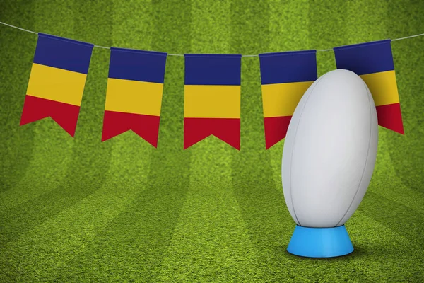 Прапор Румунії вівсянка з регбі м'яч і крок. 3D-рендерінг — стокове фото