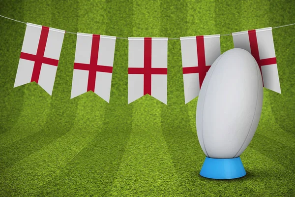 Angol zászló sármány egy rögbi labdát és a pályán. 3D-leképezés — Stock Fotó