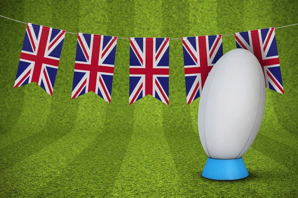 UK flag bunting with a rugby ball and pitch. 3D Rendering