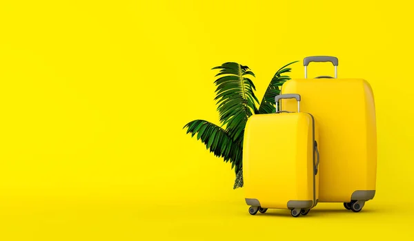 Maleta de viaje amarilla con hojas de palmera tropical. Renderizado 3D —  Fotos de Stock
