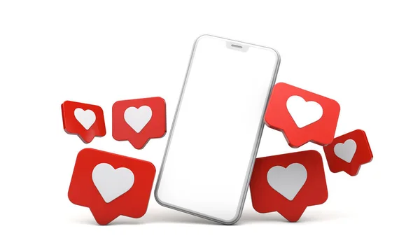 Media sosial seperti ikon dengan smartphone modern dengan layar kosong. Perender 3D — Stok Foto