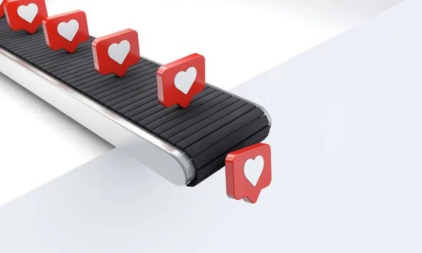 Social media heart like icons on a production line conyeror belt. 3D Render