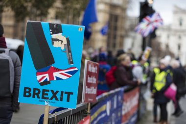 LONDON, UK - March 13, 2019: Anti brexit supporters protesting in Westminster clipart