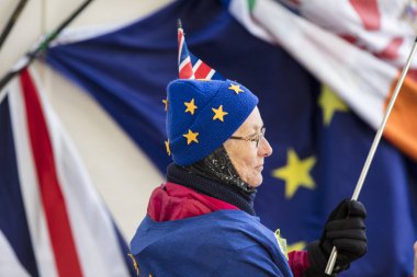 Londra, İngiltere - 13 Mart 2019: Anti brexit destekçileri Westminster protesto