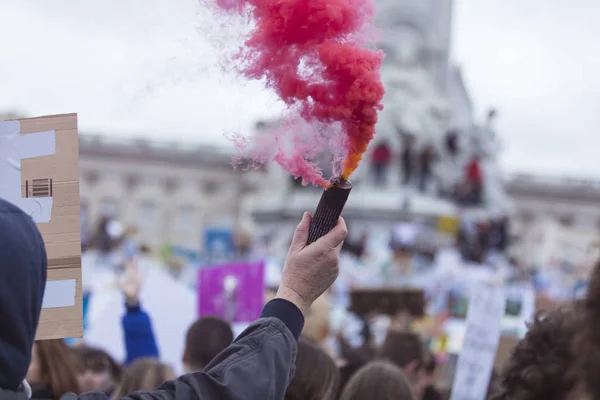 Протестующий держит дымовую бомбу на политической демонстрации — стоковое фото