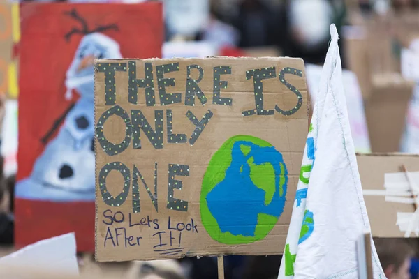 Pessoas com bandeiras protestam como parte de uma marcha de mudança climática — Fotografia de Stock