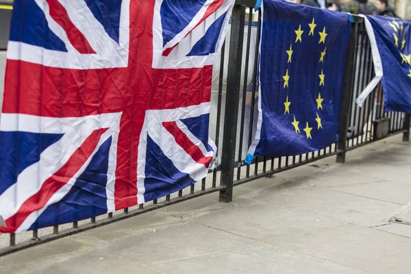 Union Jack and European union flags side by side. Brexit concept