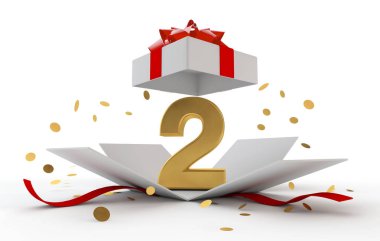 Mutlu 2nd birthday altın da kırmızı kurdele sürpriz. 3D render