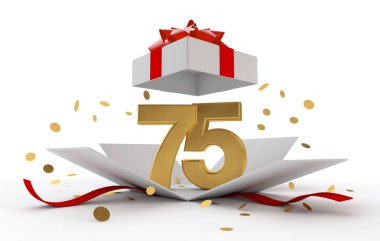 Mutlu 75 doğum altın da kırmızı kurdele sürpriz. 3D render
