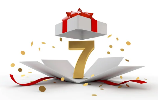 Happy 7th birthday gold surprise boxwith red ribbon. 3D Rendering — Stock Photo, Image