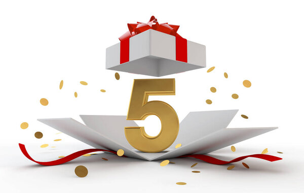 С пятилетием золотой сюрприз с красной лентой. 3D рендеринг
