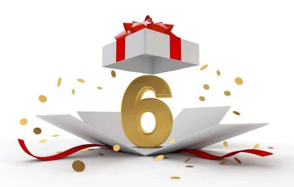 Glückwunsch zum 6. Geburtstag goldene Überraschungsbox mit roter Schleife. 3D-Darstellung — Stockfoto