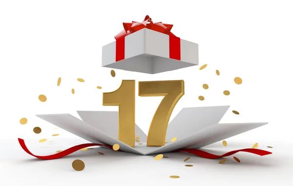 Glückwunsch zum 17. Geburtstag goldene Überraschungsbox mit roter Schleife. 3D-Darstellung — Stockfoto