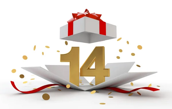 Szczęśliwy, złota 14 urodziny niespodzianka boxwith czerwoną wstążką. renderowania 3D — Zdjęcie stockowe