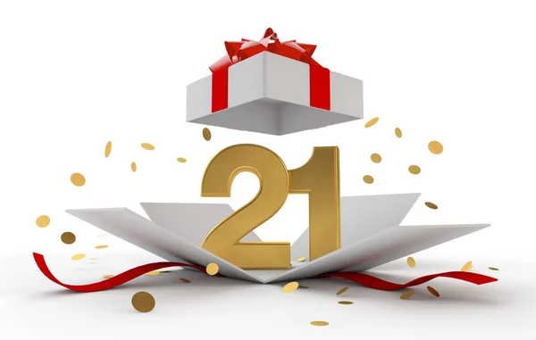 Buon 21 compleanno oro scatola a sorpresa con nastro rosso. Rendering 3D — Foto Stock