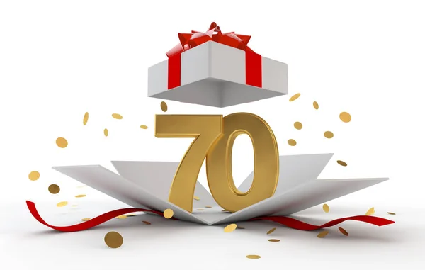 Alles Gute zum 70. Geburtstag goldene Überraschungsbox mit roter Schleife. 3D-Darstellung — Stockfoto