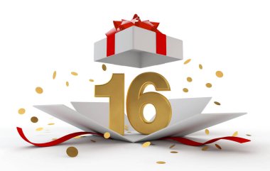 Mutlu 16th birthday altın da kırmızı kurdele sürpriz. 3D render