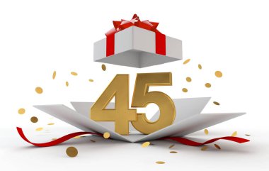 Happy 45th birthday gold surprise boxwith red ribbon. 3D Rendering clipart