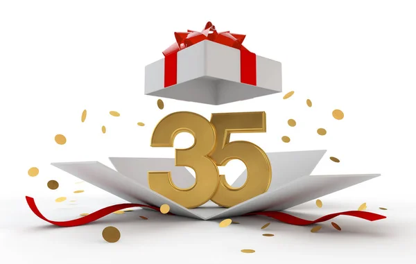 Glada 35: e födelsedag guld överraska boxwith rött band. 3D-rendering — Stockfoto