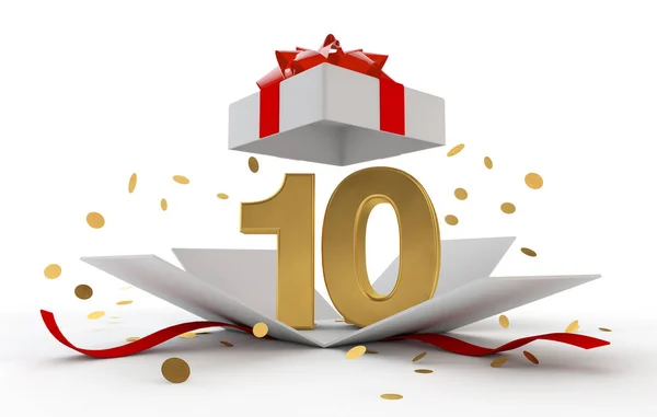 Joyeux 10e anniversaire boîte surprise en or avec ruban rouge. Rendu 3D — Photo