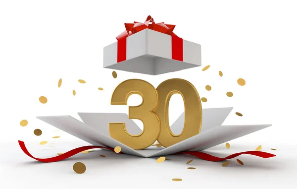 Happy 30th birthday gold surprise boxwith red ribbon. 3D Rendering — Stock Photo, Image