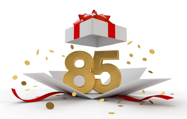 Feliz 85 cumpleaños caja sorpresa de oro con cinta roja. Renderizado 3D —  Fotos de Stock
