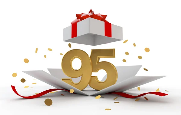 Buon 95esimo compleanno scatola a sorpresa d'oro con nastro rosso. Rendering 3D — Foto Stock