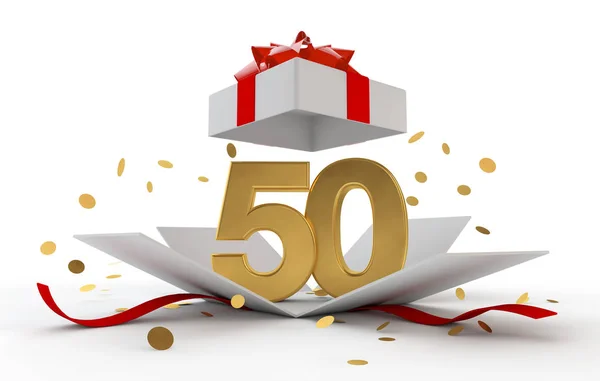 Zum 50. Geburtstag goldene Überraschungsbox mit roter Schleife. 3D-Darstellung — Stockfoto