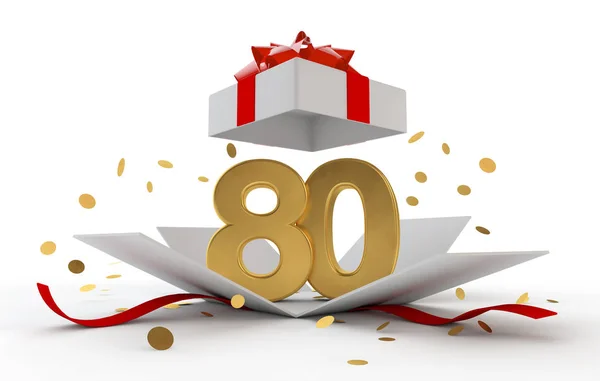 Joyeux 80e anniversaire boîte surprise en or avec ruban rouge. Rendu 3D — Photo