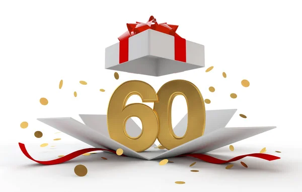 Ευτυχής χρυσό 60α γενέθλια έκπληξη boxwith κόκκινη κορδέλα. 3D rendering — Φωτογραφία Αρχείου